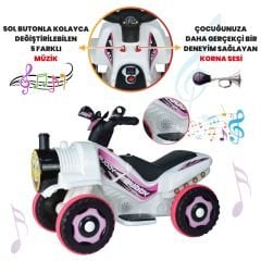 Uj Toys Müzikli ve Led Işıklı Akülü Atv 6V Buddy-Beyaz Prenses