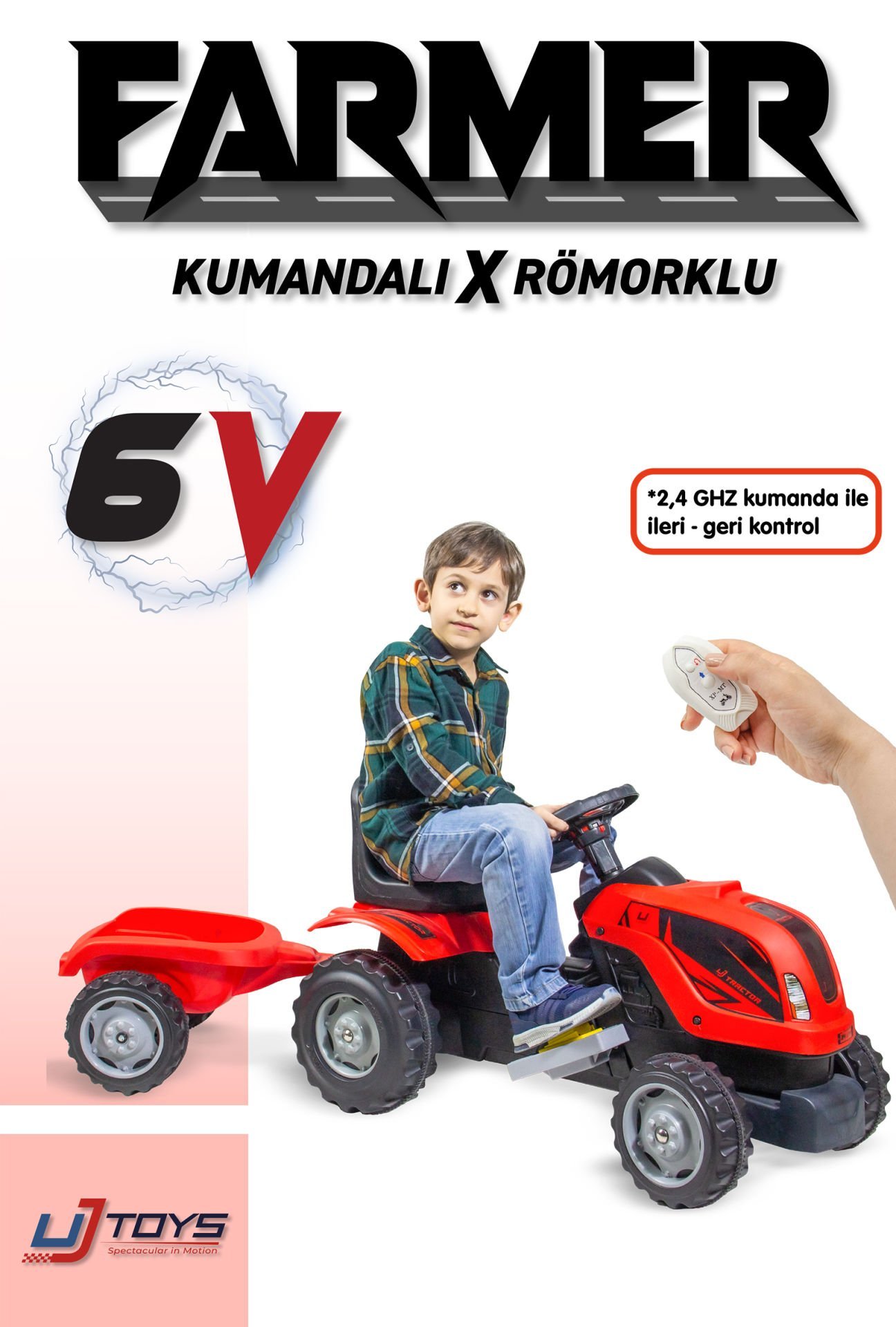 UJTOYS - KUMANDALI AKÜLÜ 6V KIRMIZI RÖMORKLU TRAKTÖR