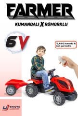 UJTOYS - KUMANDALI AKÜLÜ 6V KIRMIZI RÖMORKLU TRAKTÖR
