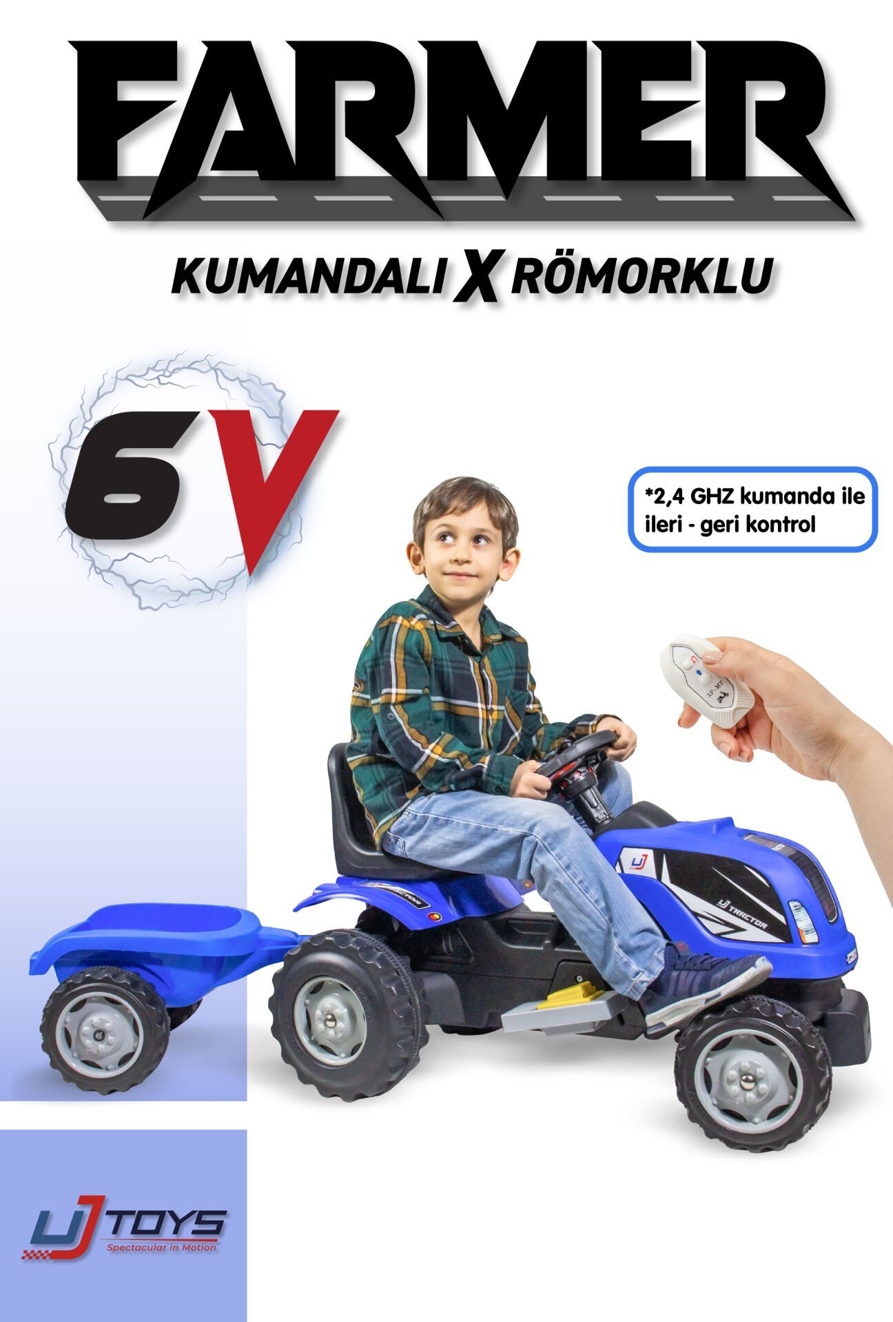 UJTOYS - KUMANDALI AKÜLÜ 6V MAVİ RÖMORKLU TRAKTÖR