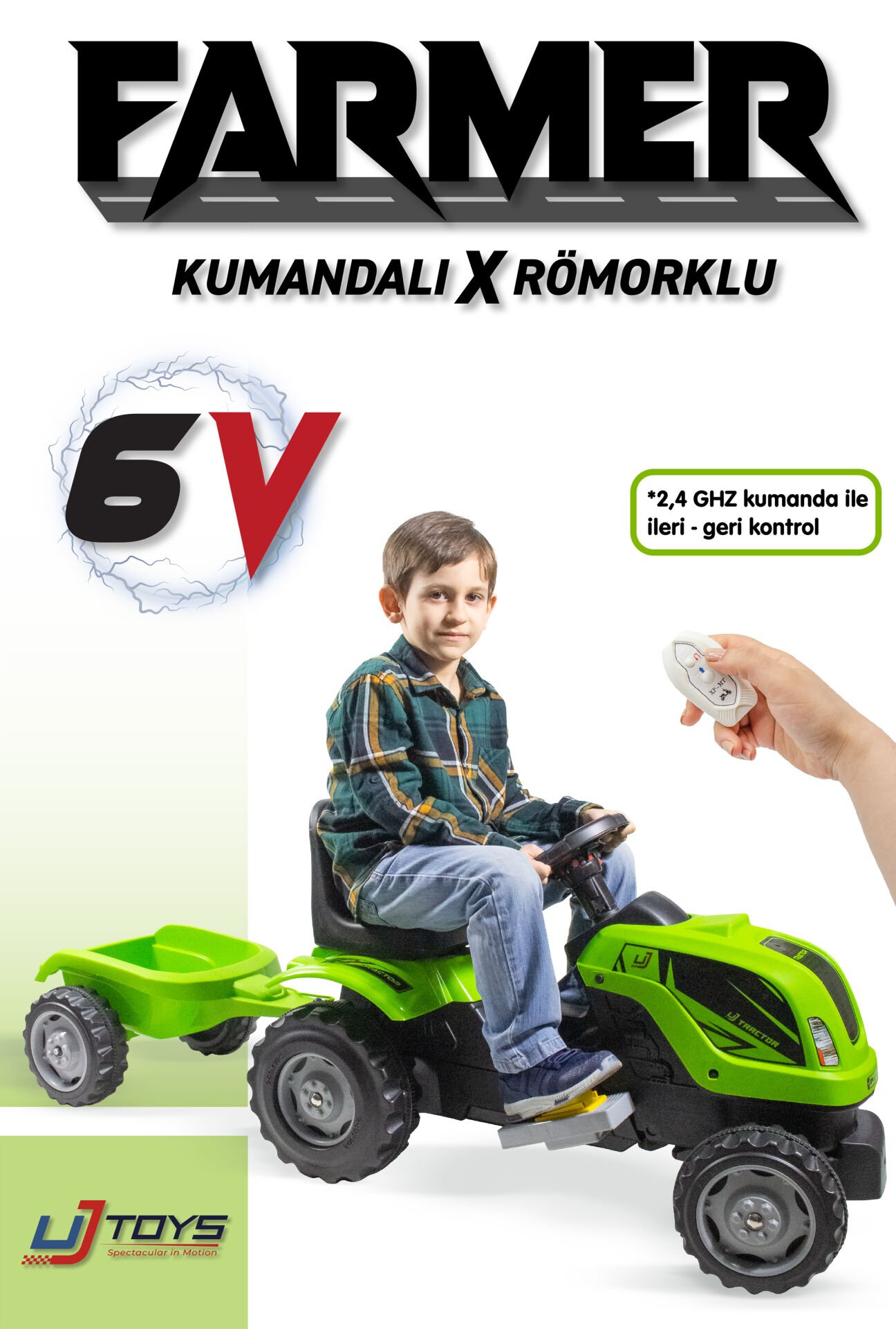 UJTOYS - KUMANDALI AKÜLÜ 6V YEŞİL RÖMORKLU TRAKTÖR