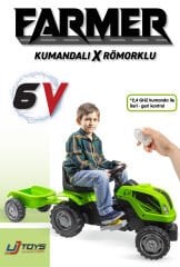 UJTOYS - KUMANDALI AKÜLÜ 6V YEŞİL RÖMORKLU TRAKTÖR